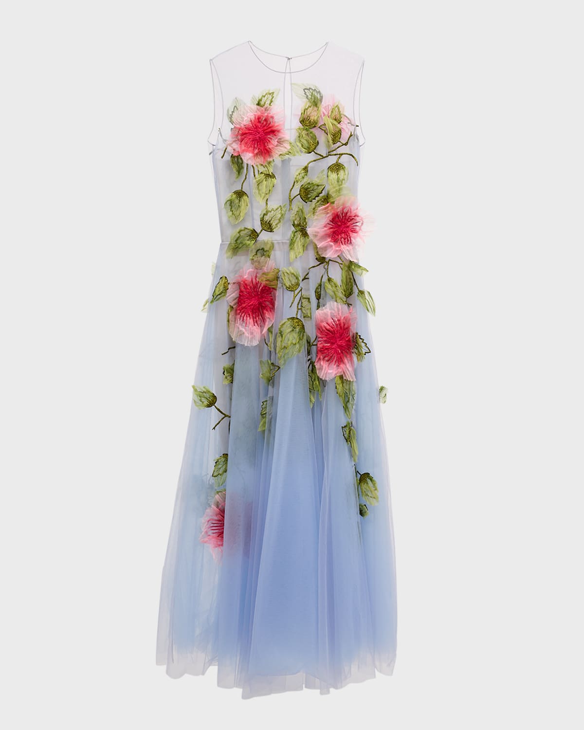 Oscar de la Renta Hibiscus Embroidered Organza Sleeveless Gown