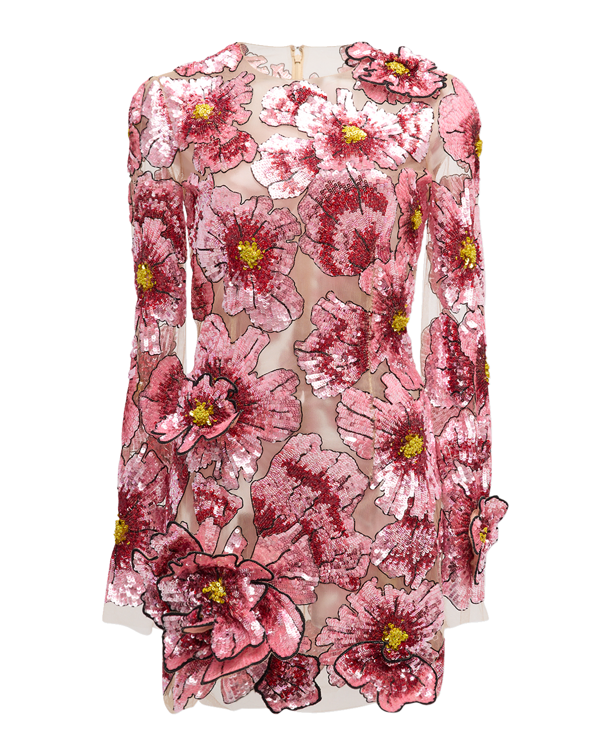 Oscar de la Renta Long-Sleeve Hibiscus Sequin Embroidered Mesh Mini Cocktail Dress