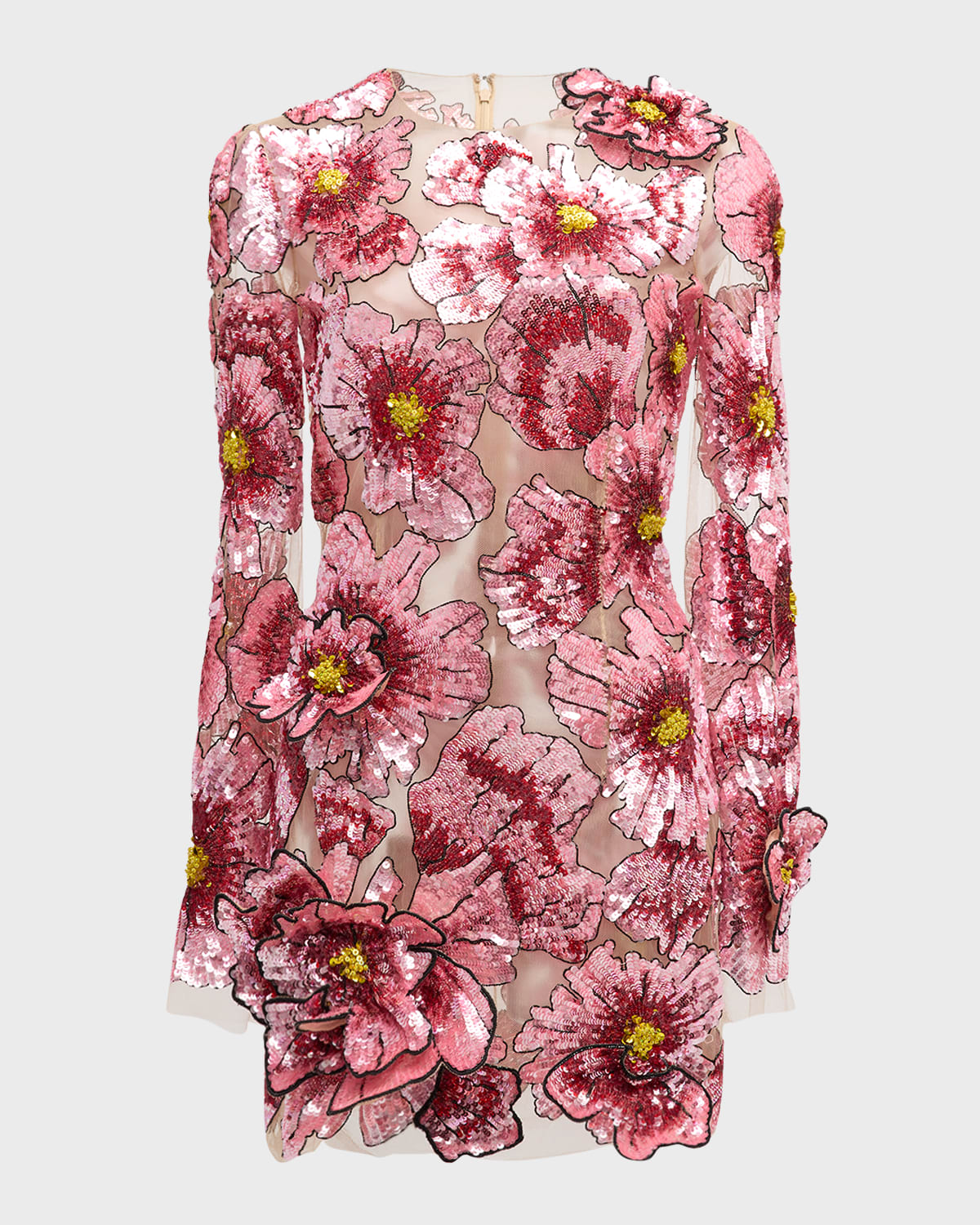 Oscar de la Renta Long-Sleeve Hibiscus Sequin Embroidered Mesh Mini Cocktail Dress