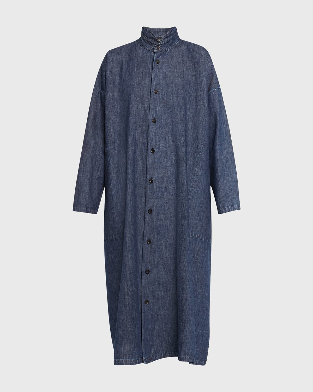 Eskandar Wide A-Line Denim Shirtdress with Double Stand Collar