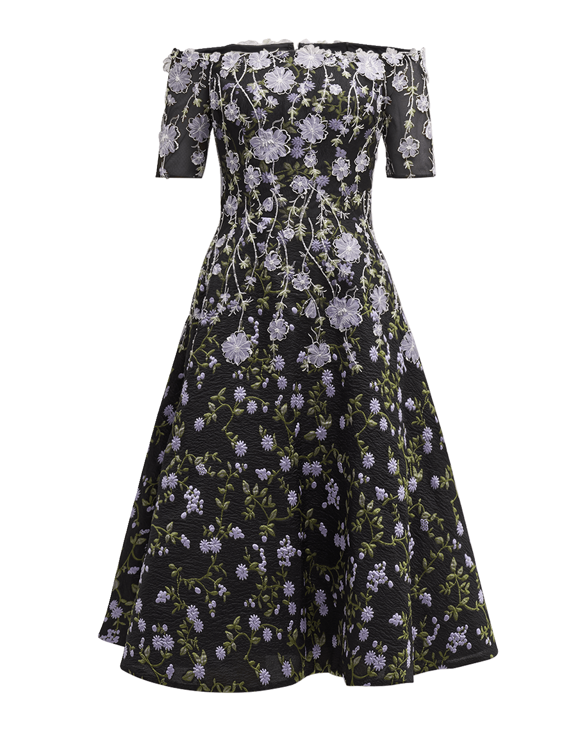 Rickie Freeman for Teri Jon Floral-Embroidered Off-Shoulder Midi Dress