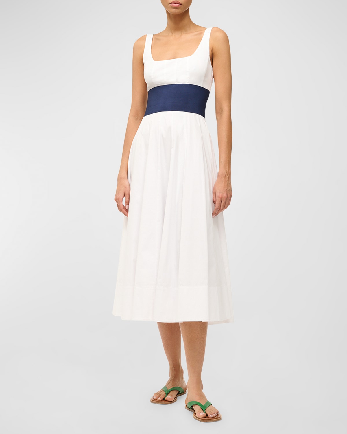 STAUD Rig Cinched Cotton Poplin Sleeveless Midi Dress