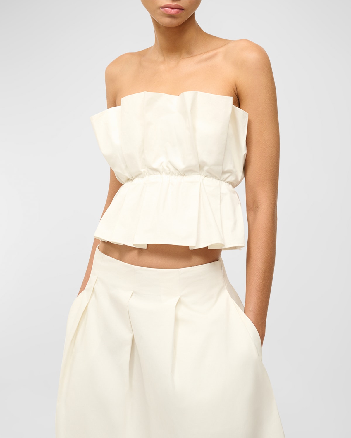 STAUD Dover Strapless Pleated Cotton Top