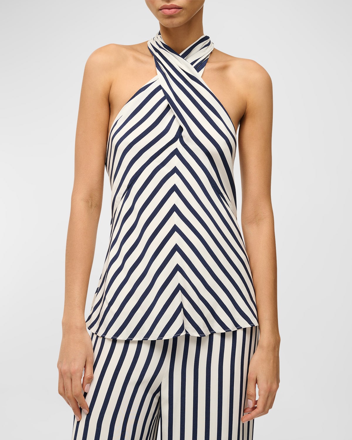 STAUD Dawn Tie-Neck Striped Crossover Halter Top