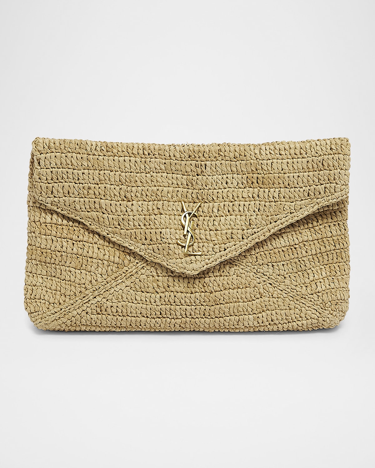 Saint Laurent Large YSL Envelope Pouch Clutch Bag in Raffia & Leather