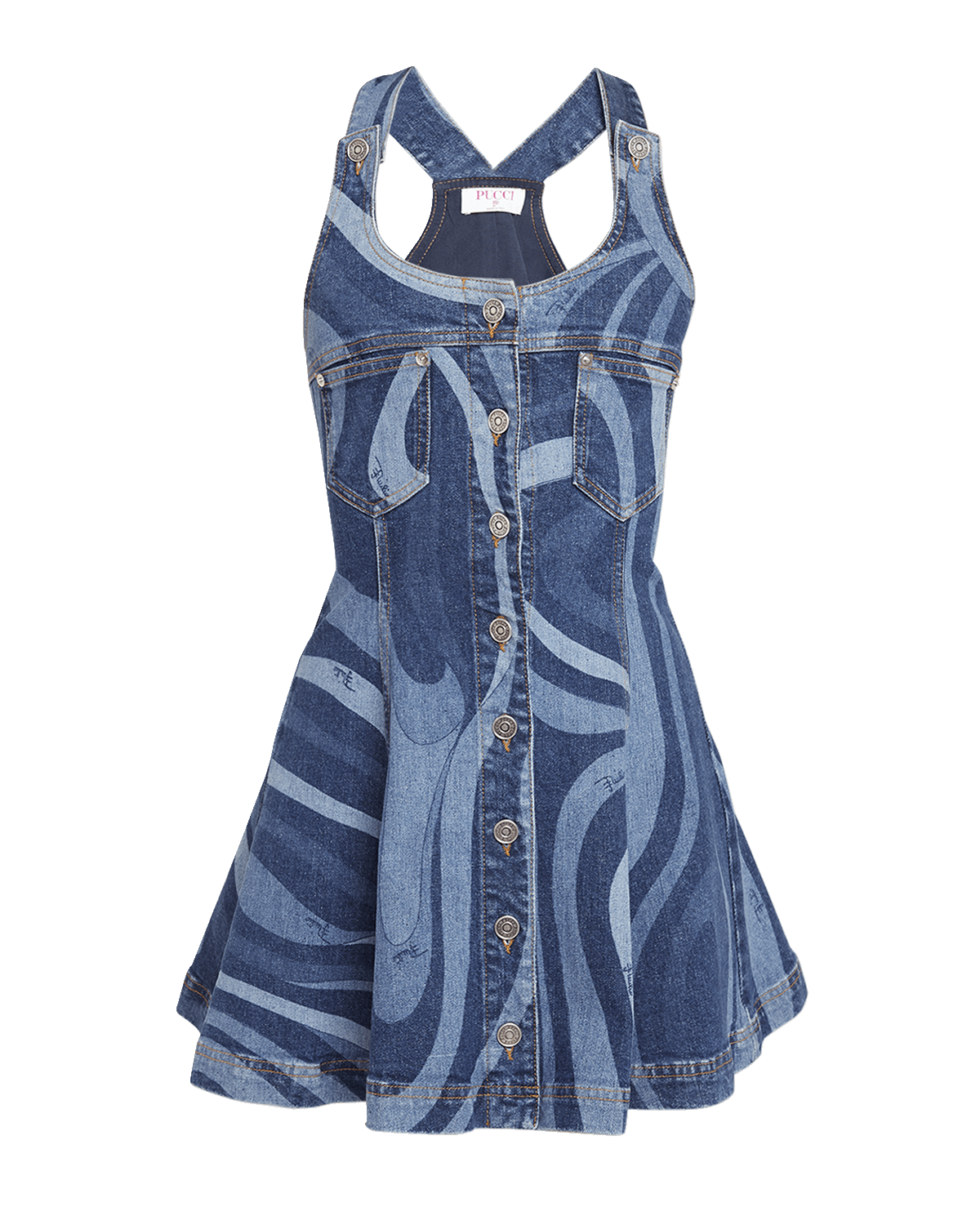 Emilio Pucci Swirl-Print Denim Sleeveless Fit-&-Flare Mini Dress