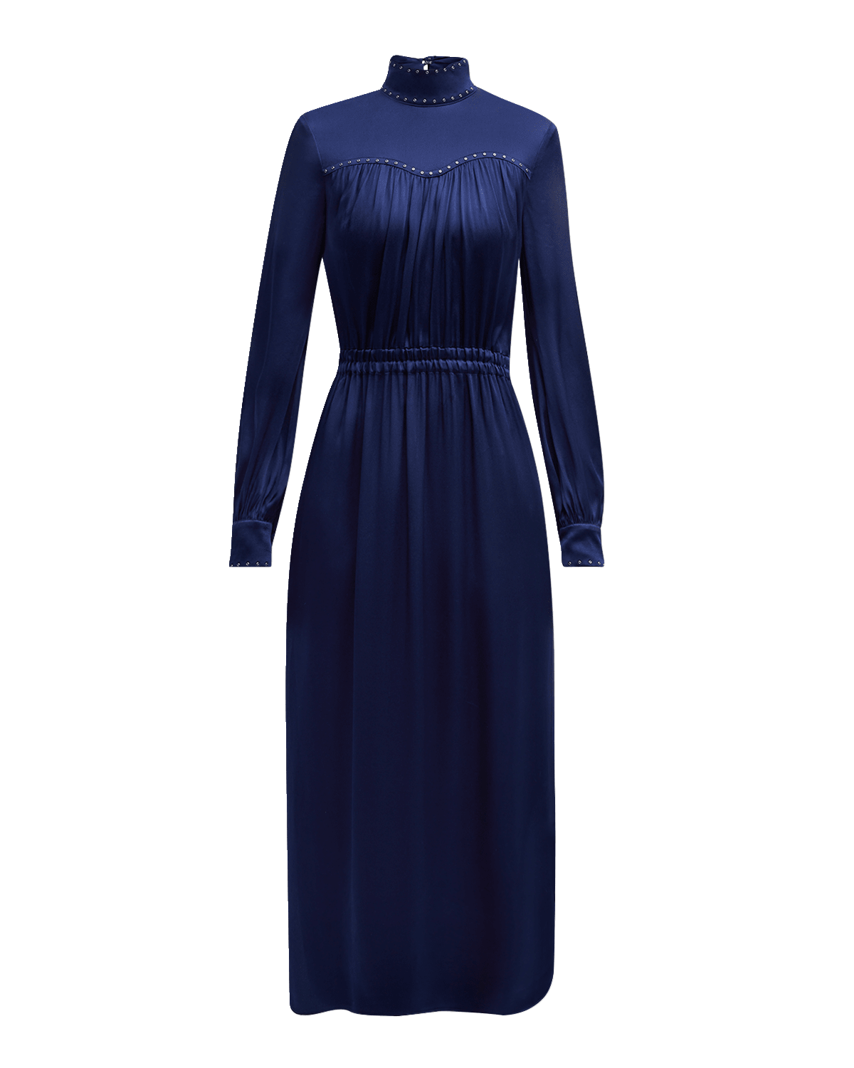 St. John Hot-Fix Embellished Gathered Satin Long-Sleeve Midi Dress