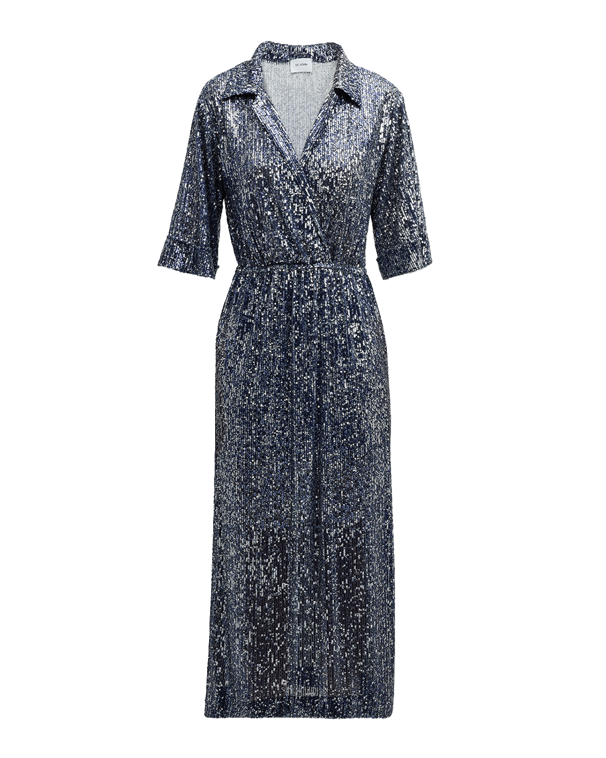St. John Sequin Embroidered Short-Sleeve Midi Shirtdress