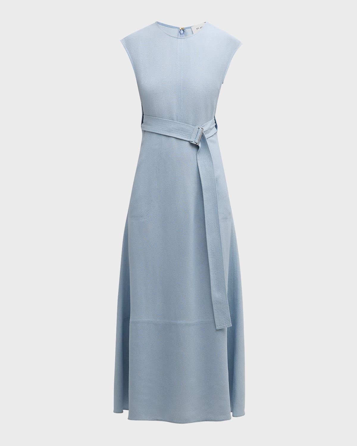 St. John Cap-Sleeve Belted Italian Light Weight Textured Crepe Midi Dress