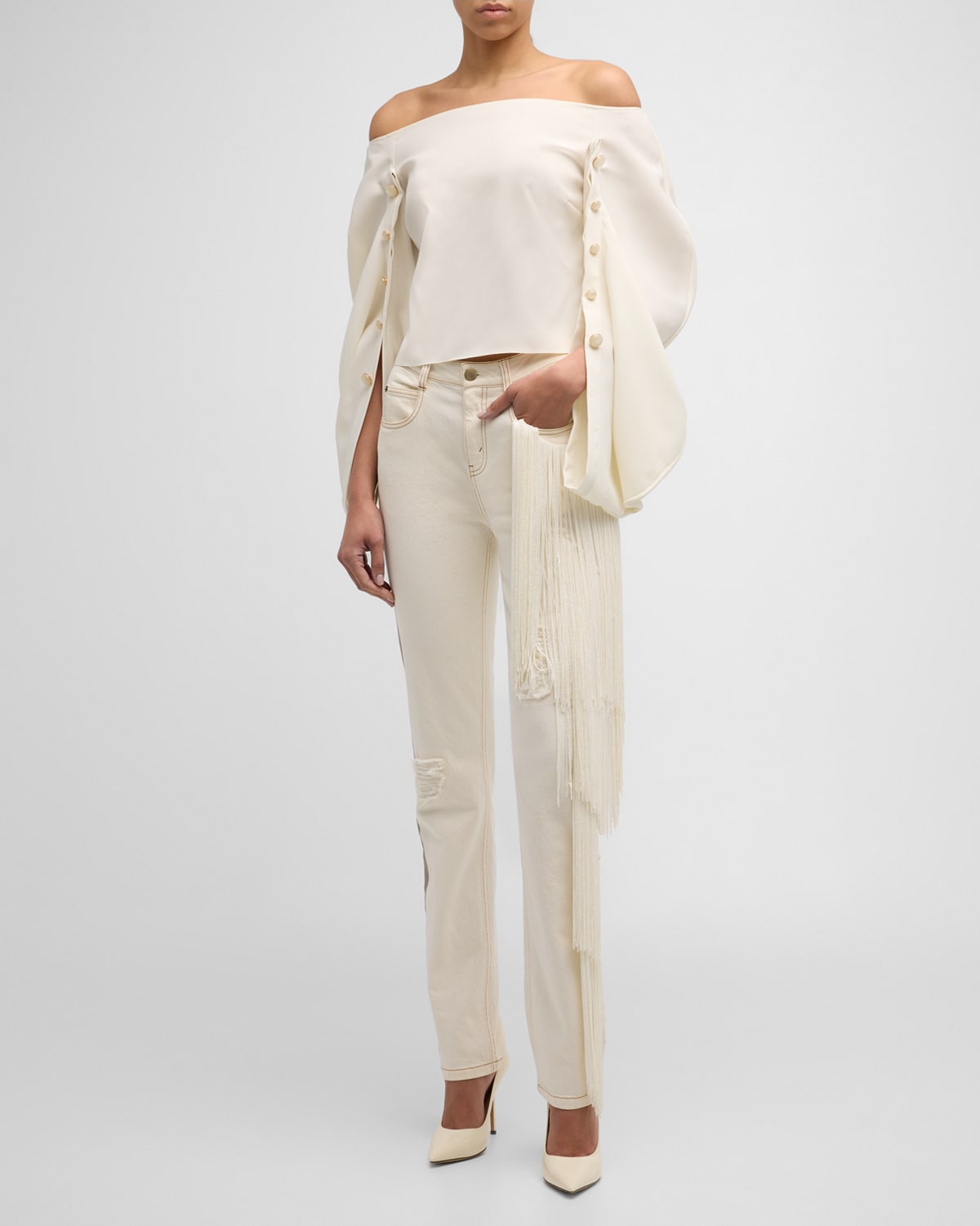 Hellessy Orsay Off-Shoulder Blouse with Button Details