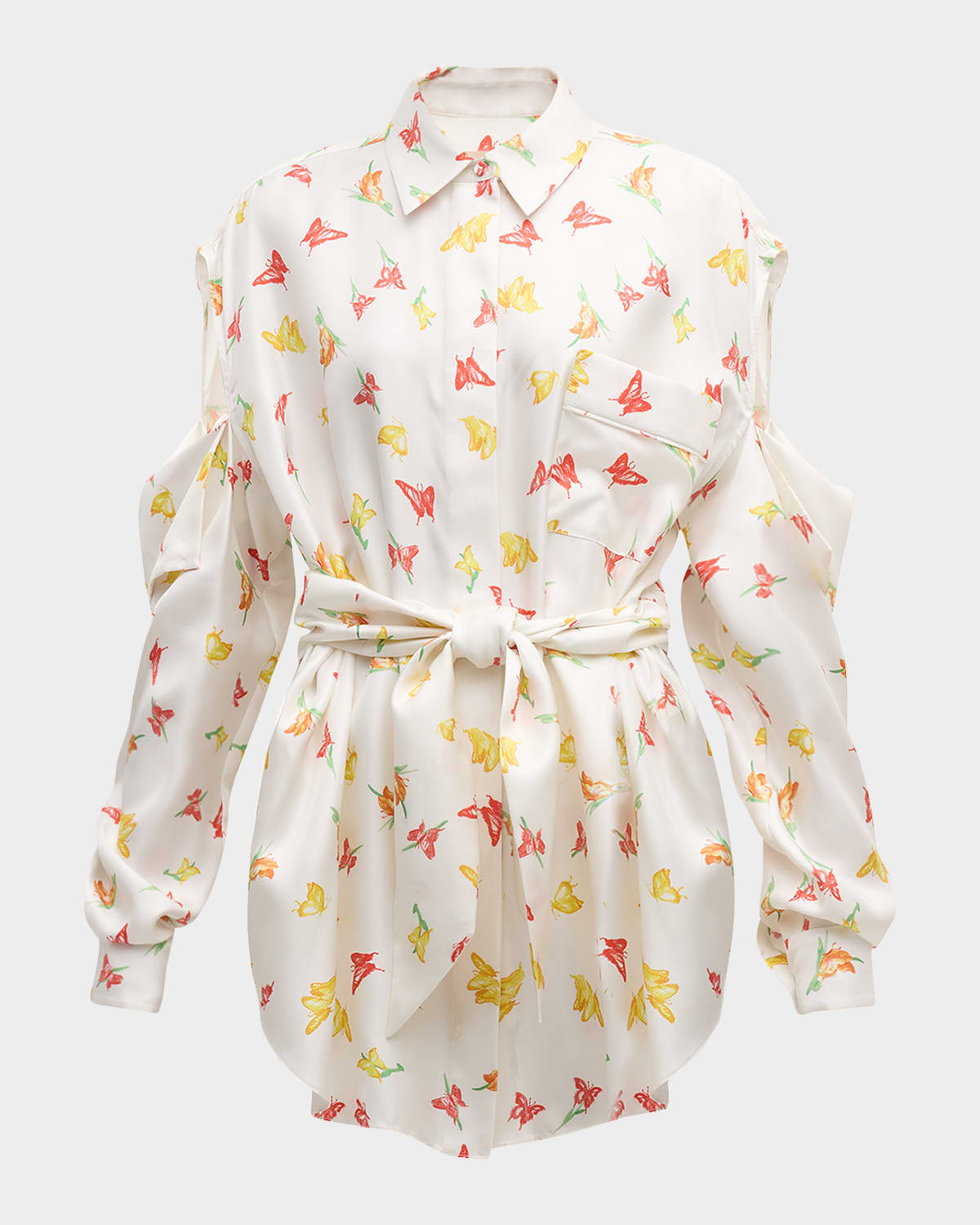 Hellessy Ridge Butterfly-Print Long-Sleeve Cold-Shoulder Belted Poplin Shirt