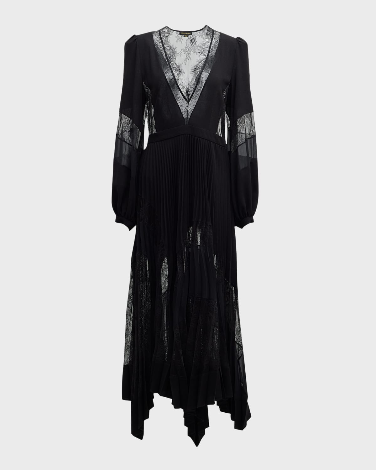 Zuhair Murad Plunging Long-Sleeve Plisse Crepe Chiffon Lace Asymmetrical Midi Dress