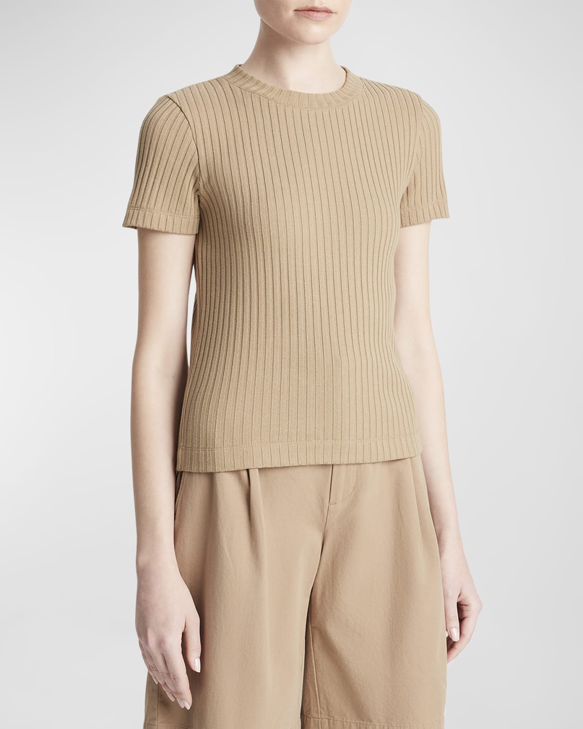 Vince Ribbed Short-Sleeve Crewneck Top