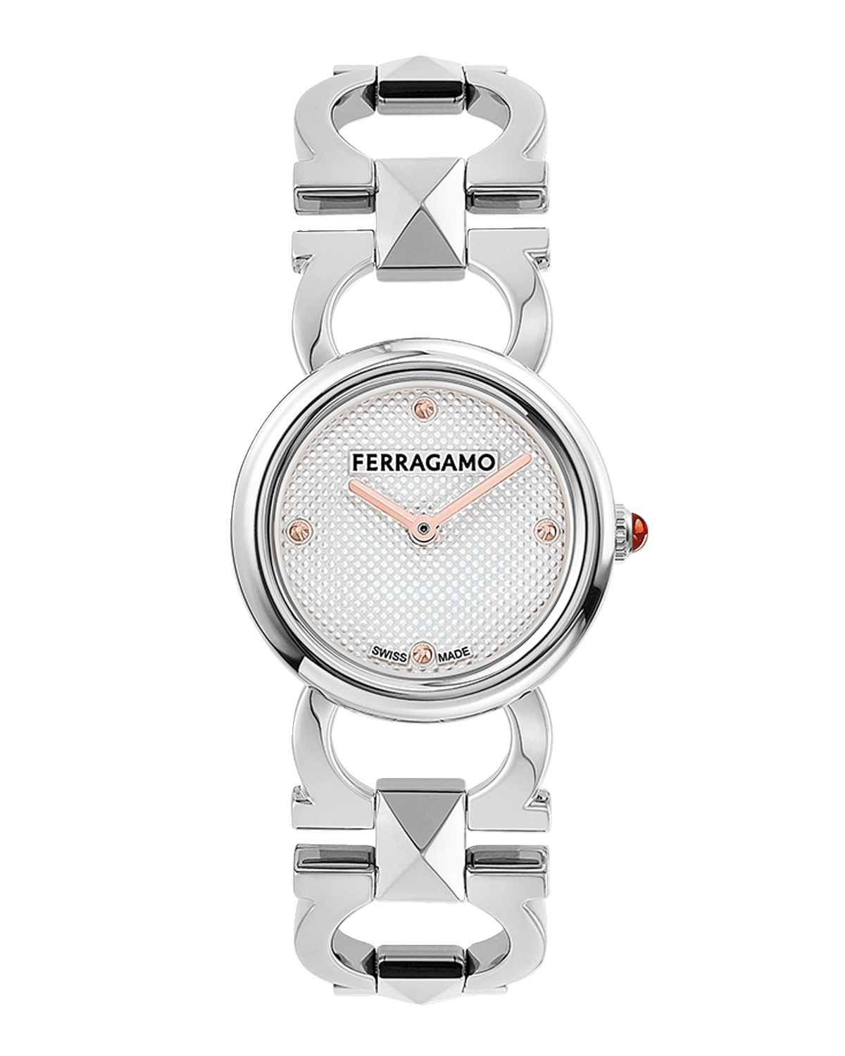 Ferragamo 25mm Double Gancini Stud Watch with Silver Dial, Stainless Steel