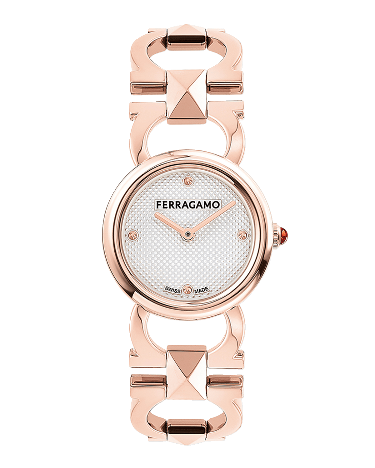 Ferragamo 25mm Double Gancini Stud Watch with Silver Dial, Rose Gold
