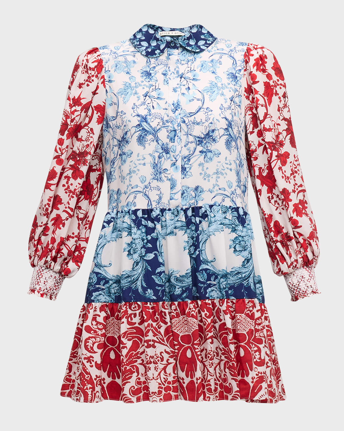 Alice + Olivia Paulie Tiered Blouson-Sleeve Mini Dress