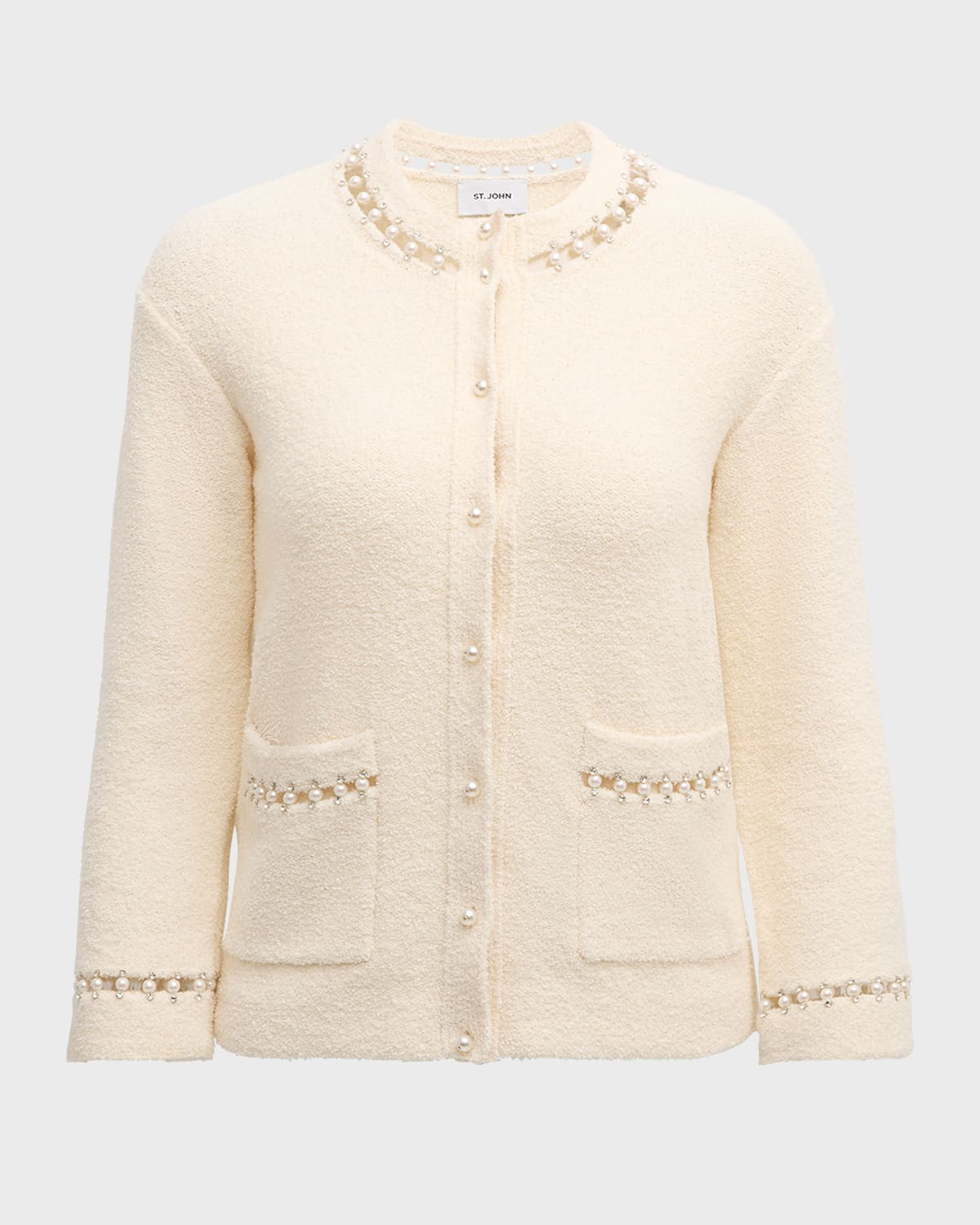 St. John Crystal Embellished Micro Boucle Stretch Knit Cardigan