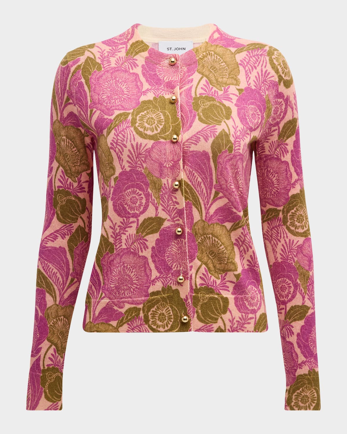 St. John California Poppies-Print Fine Gauge Merino Knit Cardigan