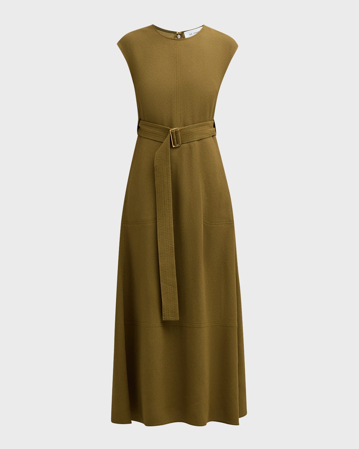 St. John Cap-Sleeve Belted Textured Crepe Midi Dress