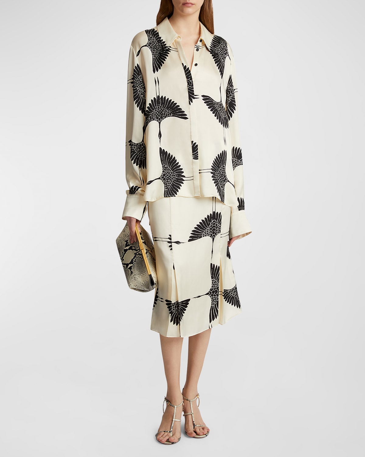 Khaite Minta Bird-Print Collared Satin Top