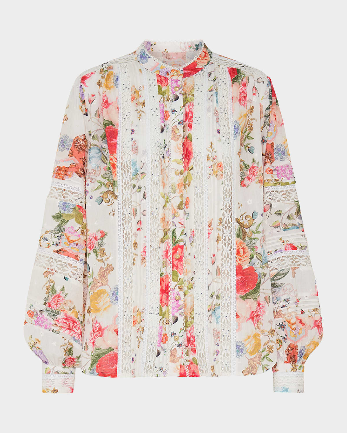 Camilla Lace-Trim Floral Cotton Blouson-Sleeve Blouse