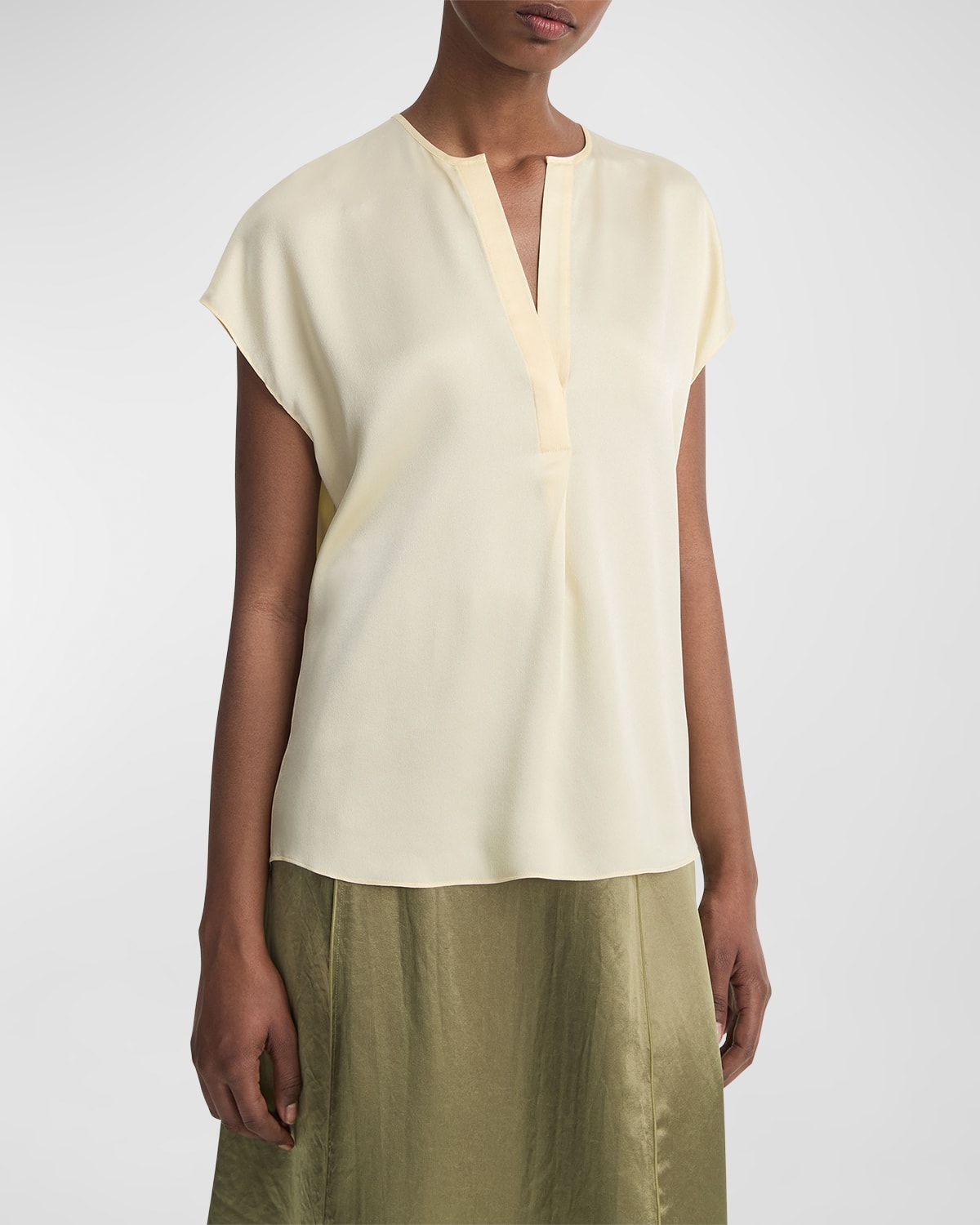 Vince Silk Split-Neck Cap-Sleeve Blouse