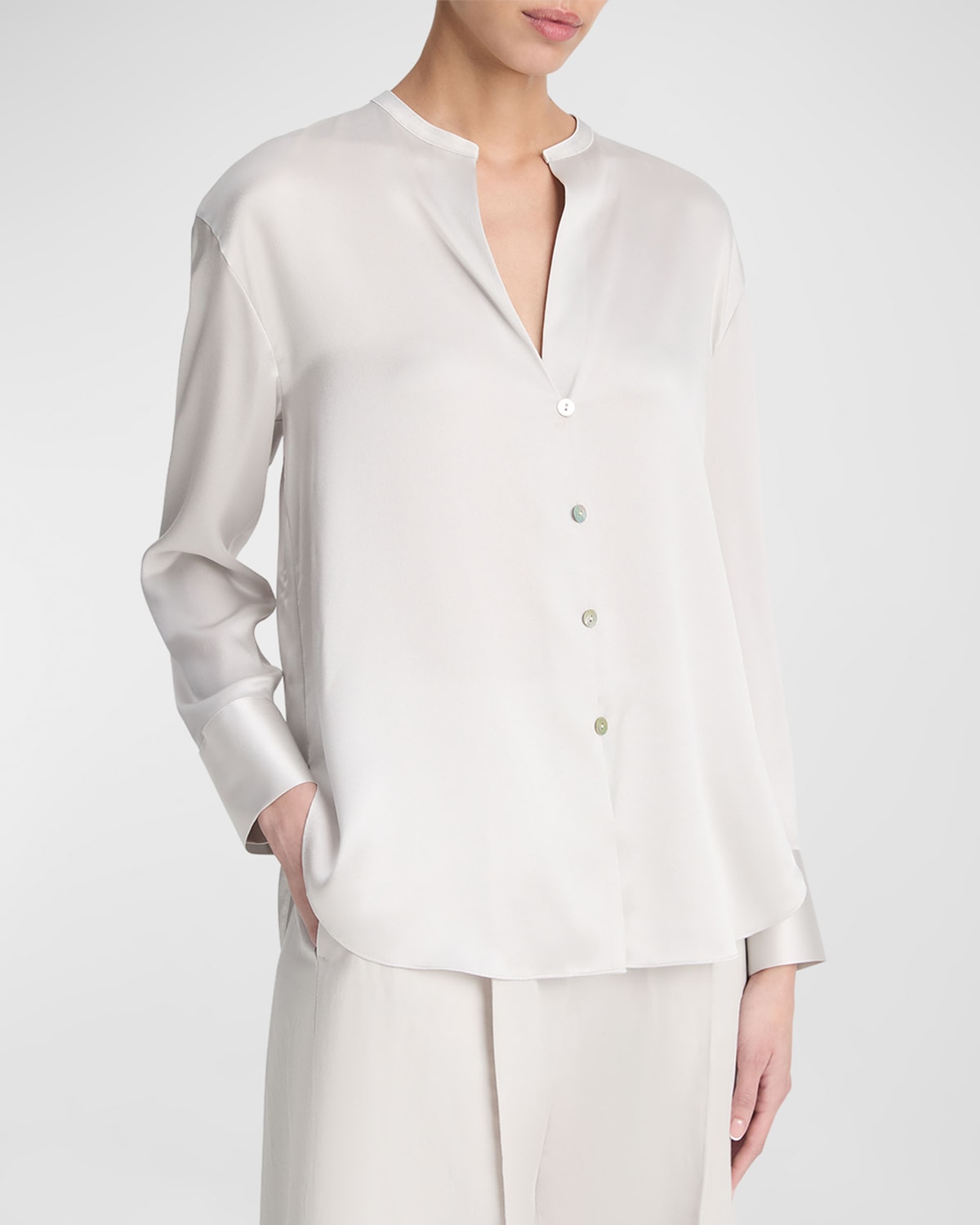 Vince Band-Collar Long-Sleeve Silk Blouse