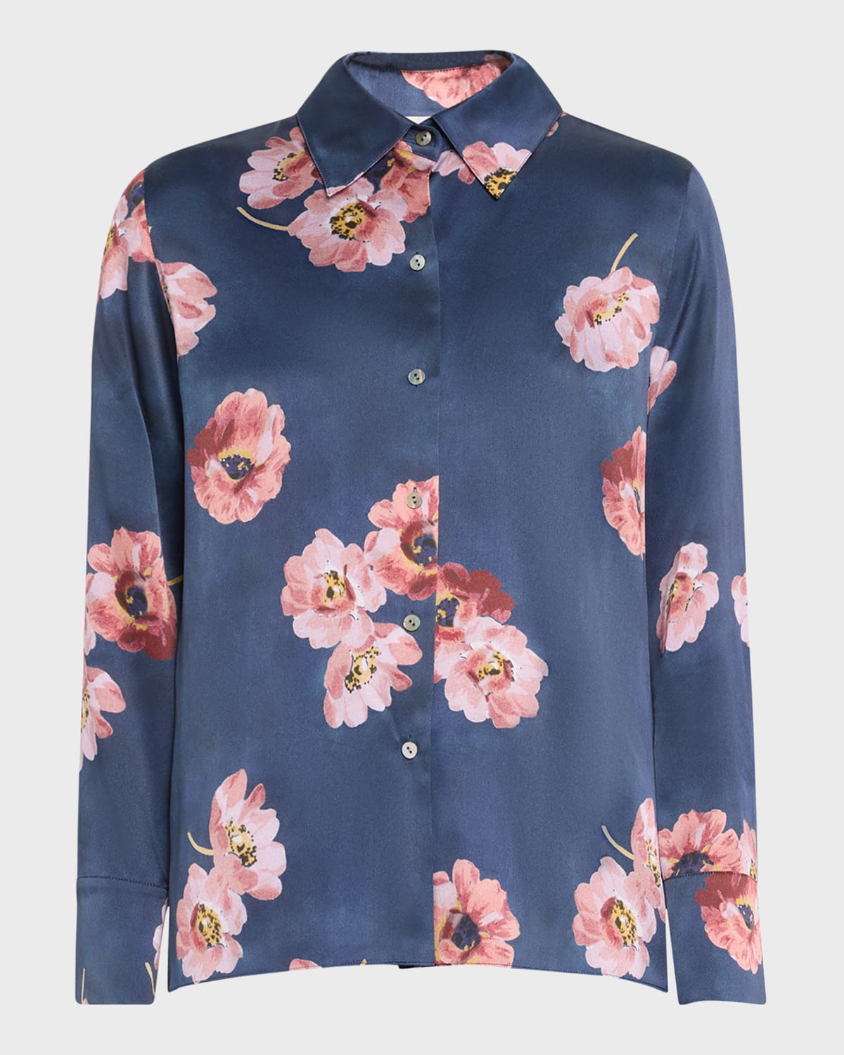 Vince Painted Poppy Long-Sleeve Silk Blouse