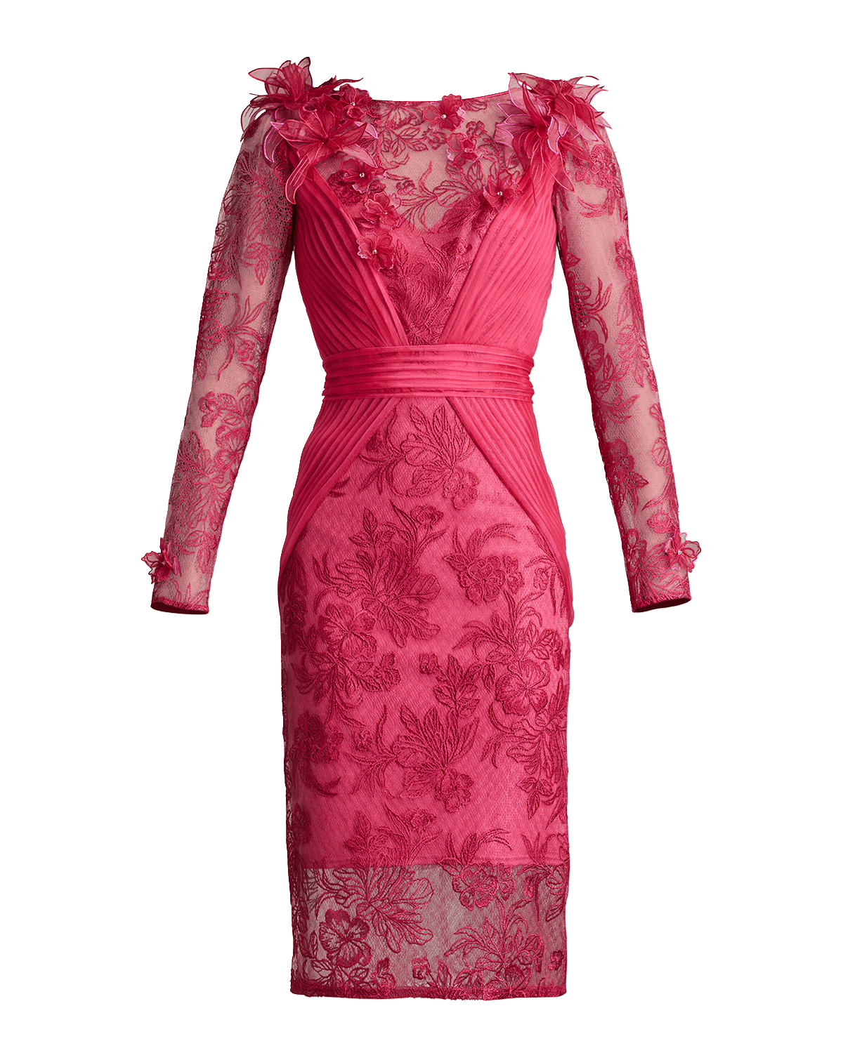 Tadashi Shoji Pleated Floral-Embroidered Illusion Midi Dress