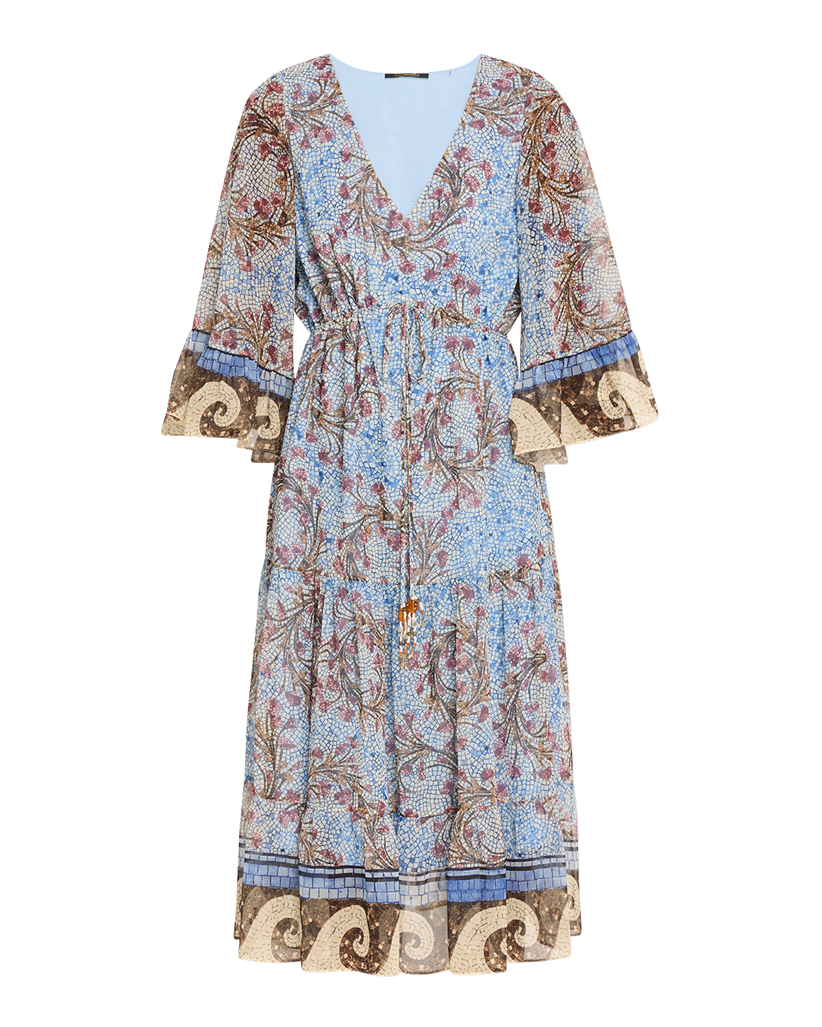 Kobi Halperin Logan Mosaic-Print Ruffle-Cuff Midi Dress