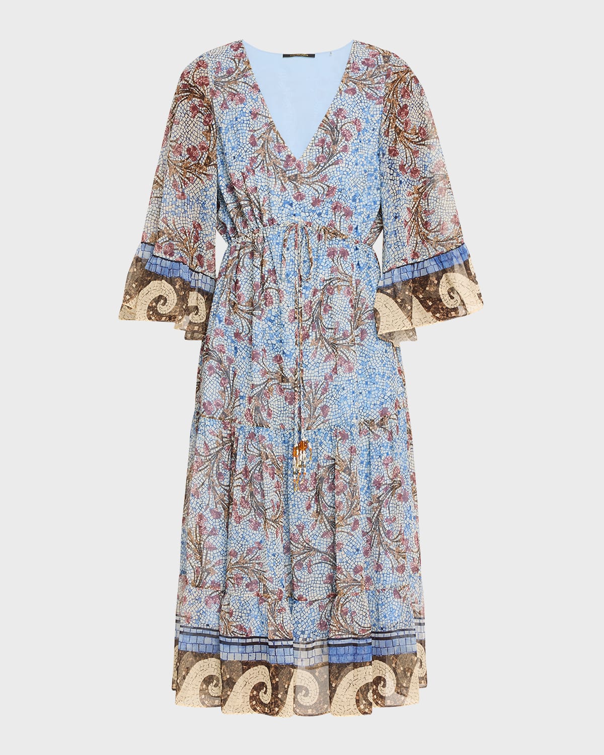 Kobi Halperin Logan Mosaic-Print Ruffle-Cuff Midi Dress