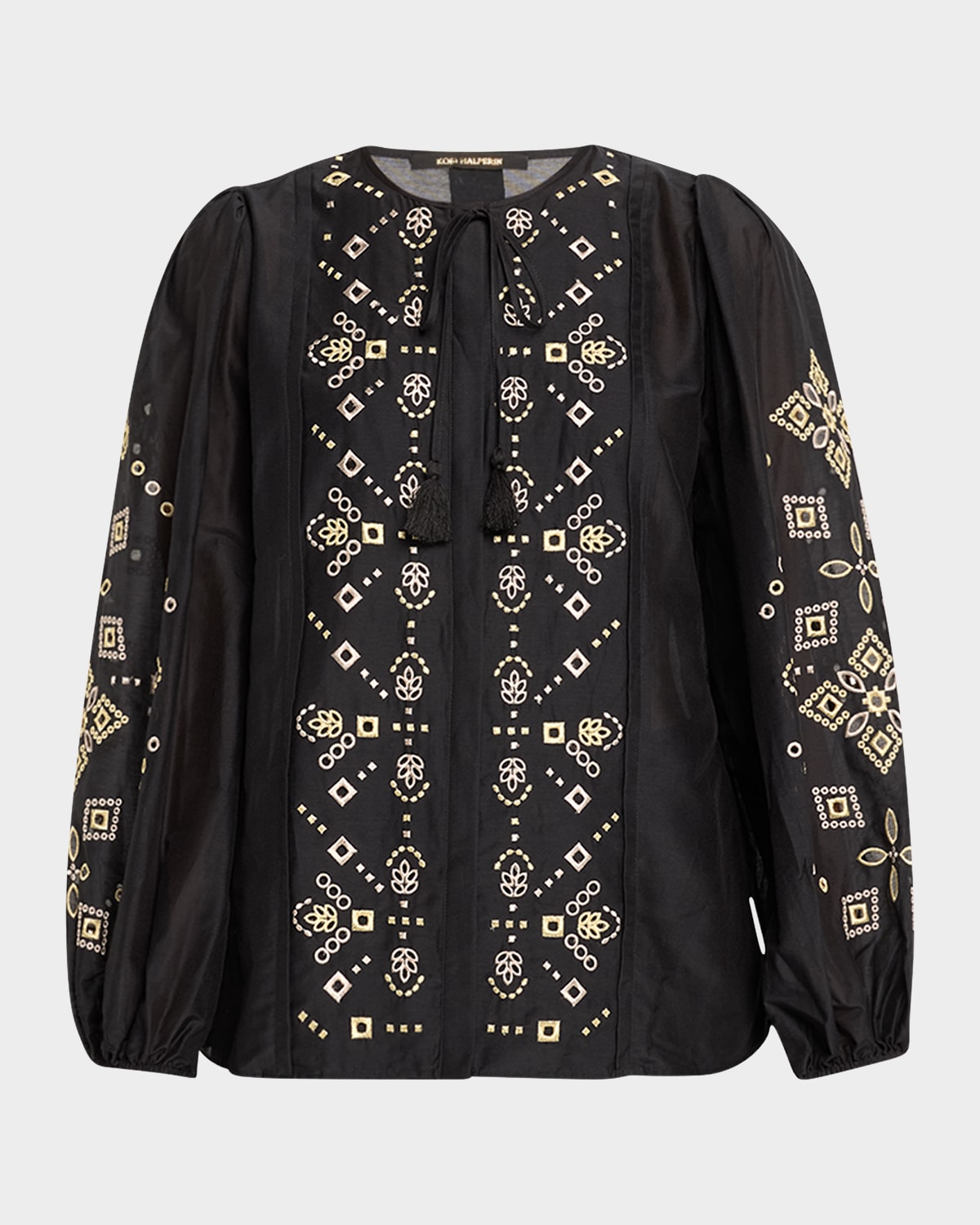 Kobi Halperin Bridgette Embroidered Blouson-Sleeve Blouse