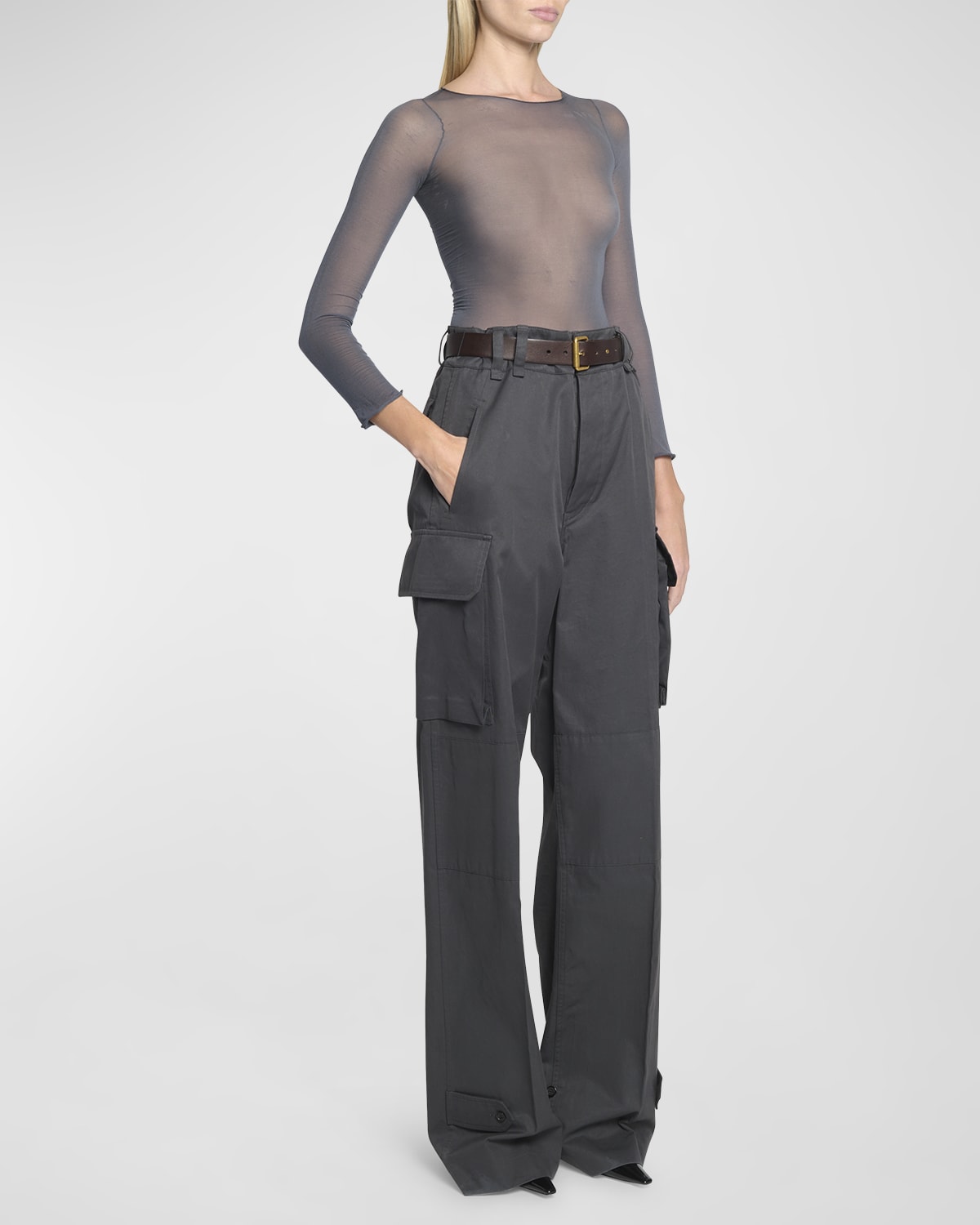 Saint Laurent Wide-Leg Cargo Pants with Leather Belt