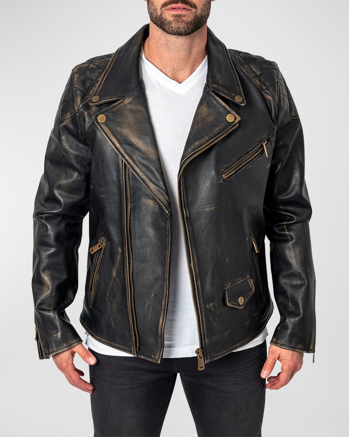 Maceoo Men's Destroyed Leather Moto Jacket