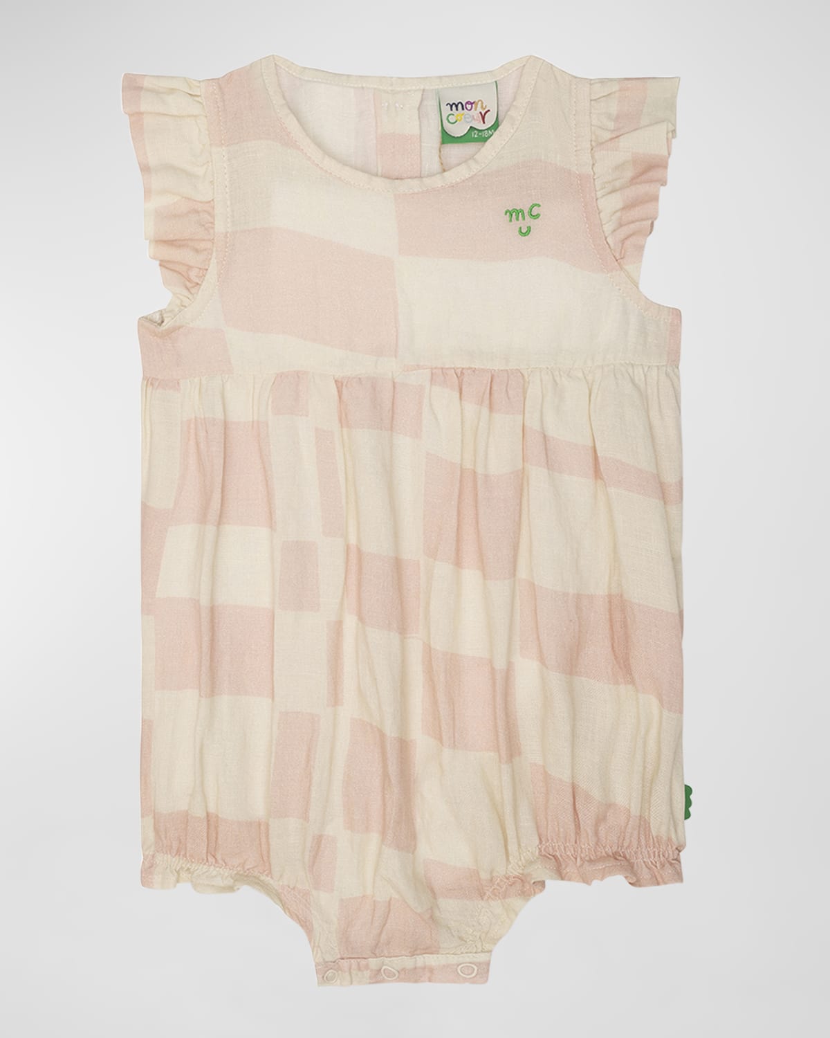 Mon Coeur Girl's Checkered Flutter Linen Romper, Size 3-24M