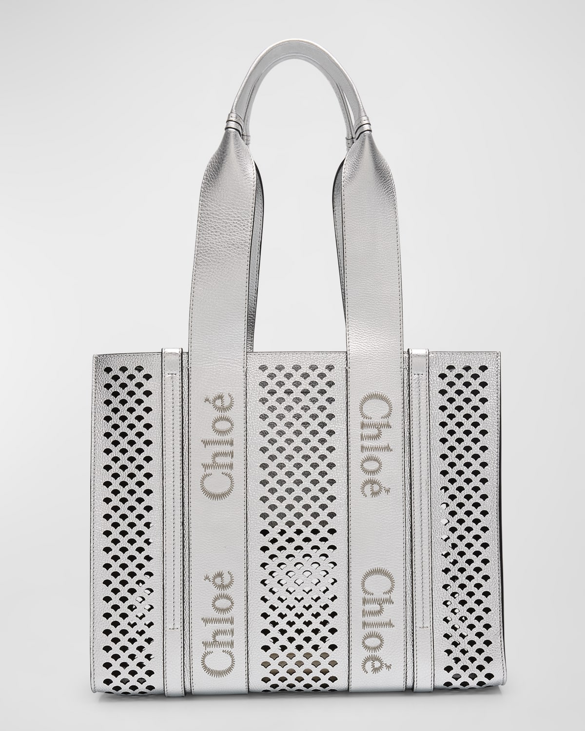 Chloe x High Summer Woody Medium Tote Bag in Perforated Metallic Leather