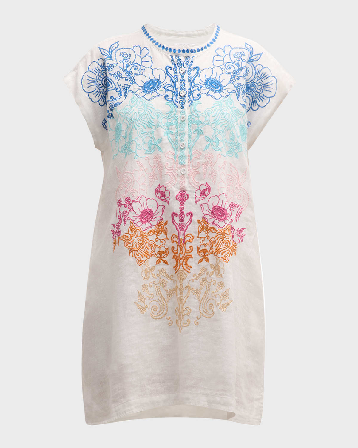 Johnny Was Mishti Floral-Embroidered Linen Mini Dress