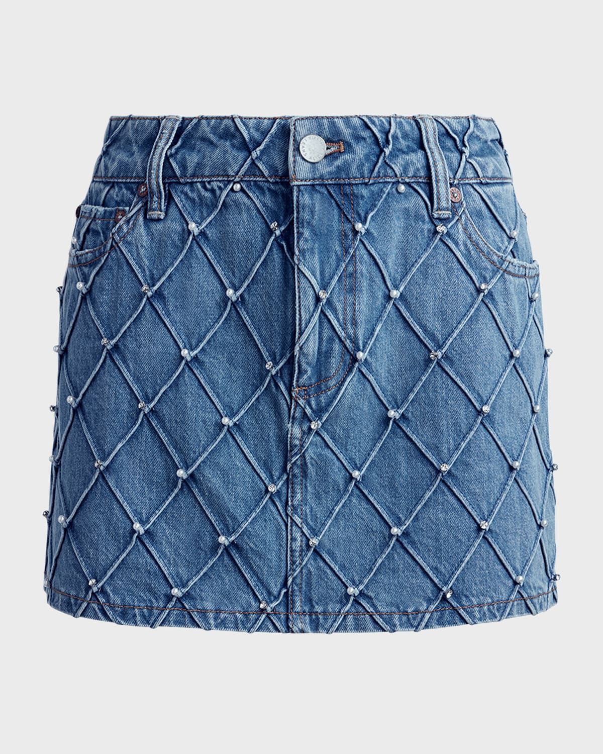 Alice + Olivia Joss High-Rise Quilted Embellished Denim Mini Skirt