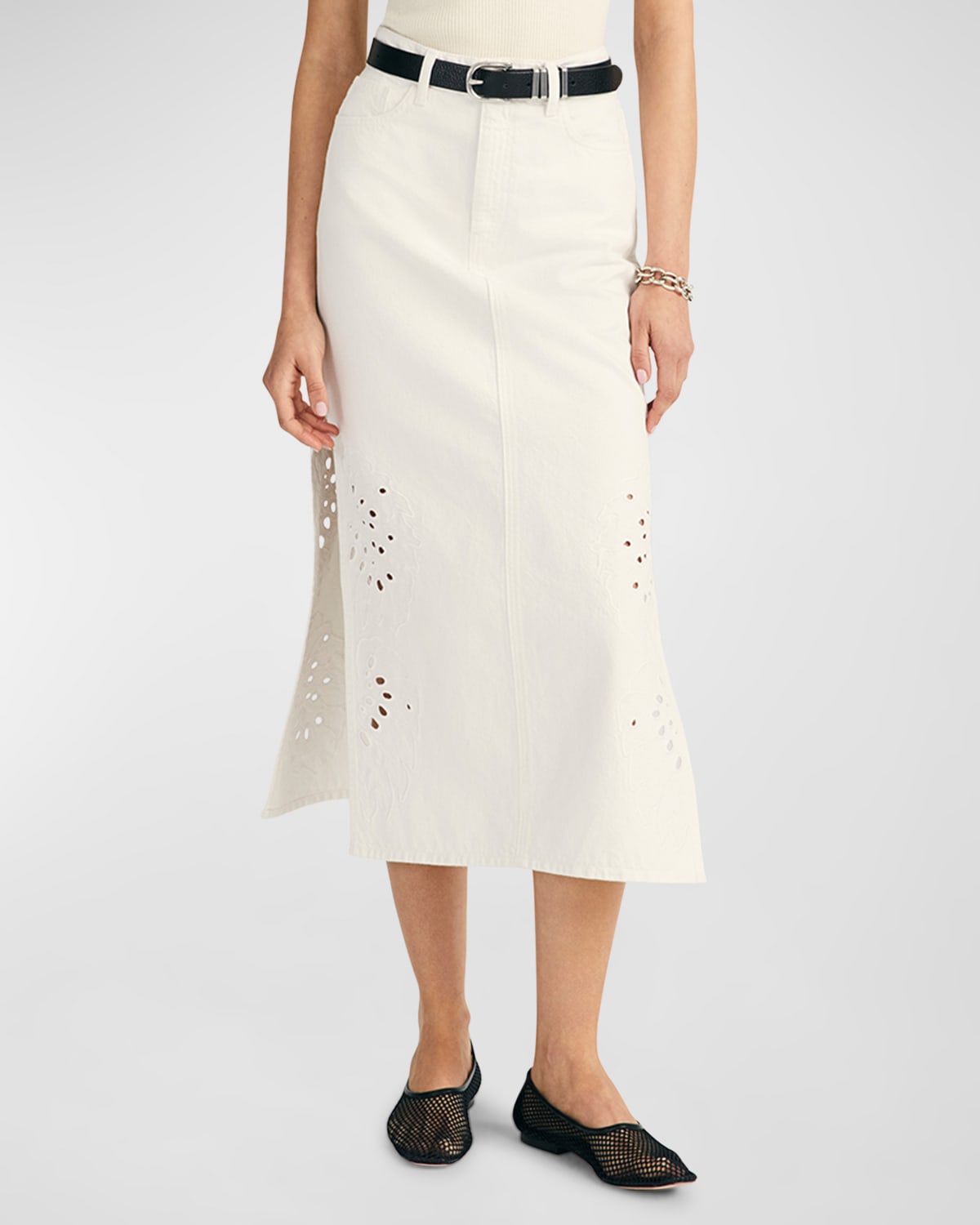 Derek Lam 10 Crosby Violet Eyelet Denim Midi Skirt