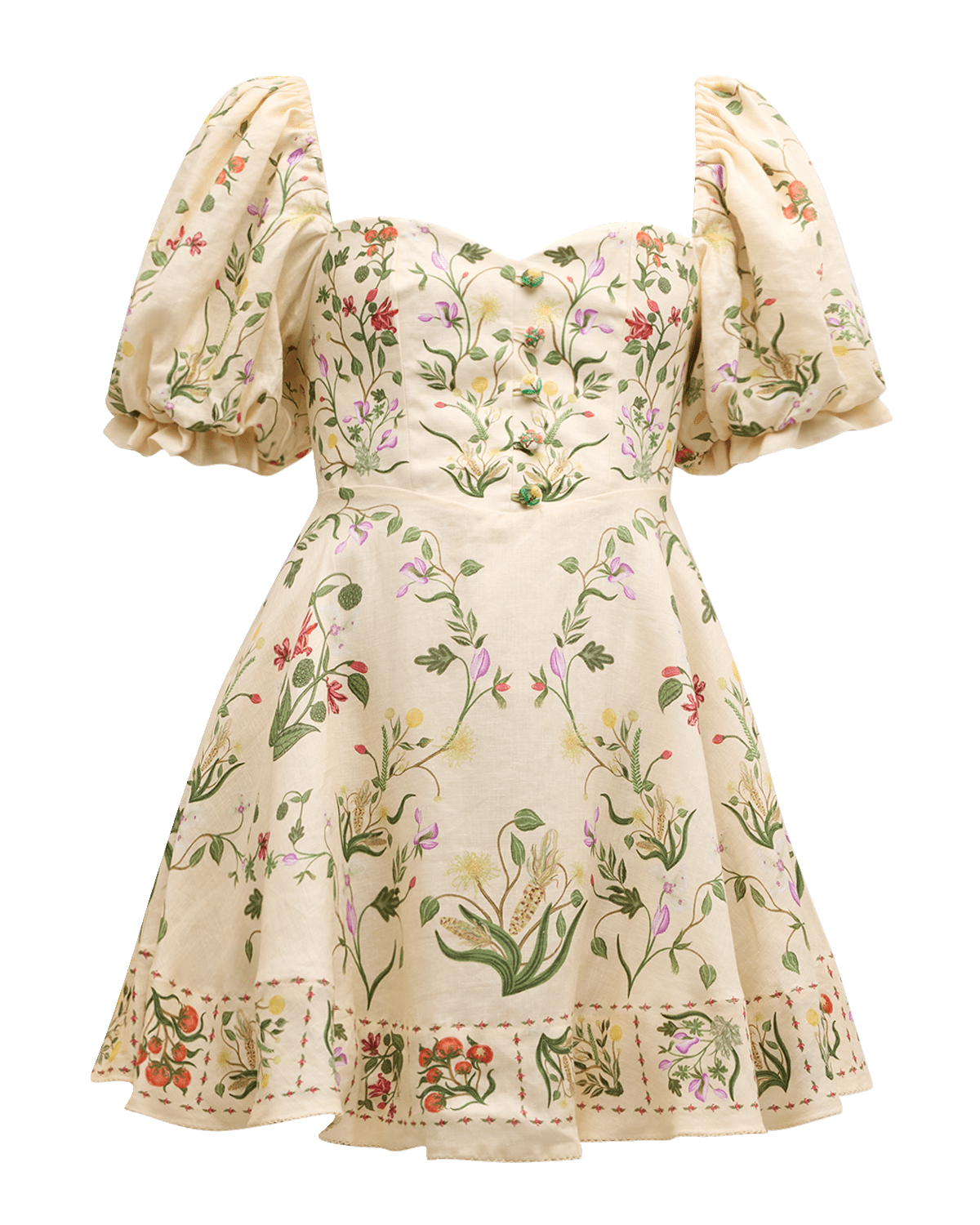 Agua by Agua Bendita Vuelo Cultivo Puff-Sleeve Floral Linen Mini Dress