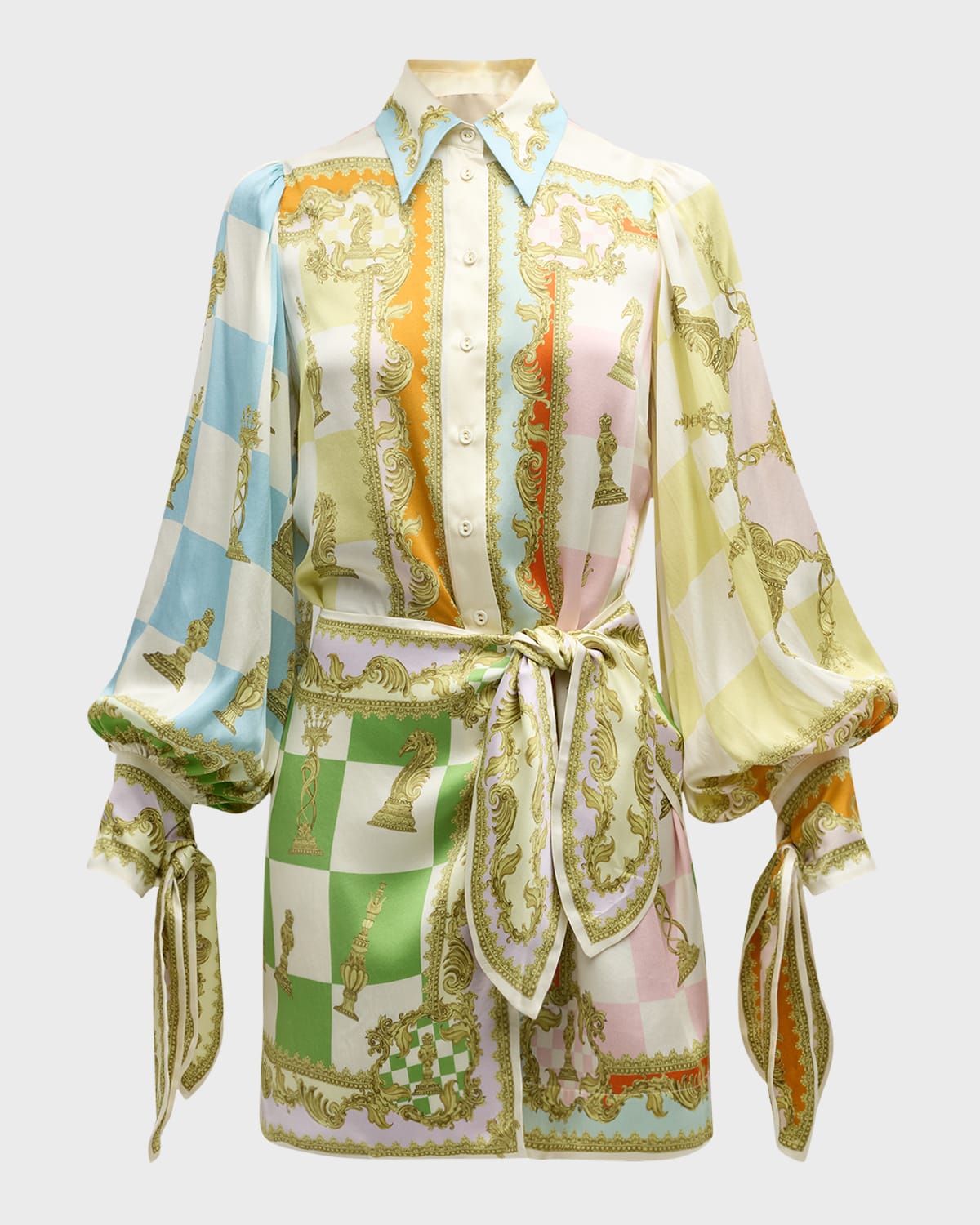 ALEMAIS Checkmate Silk Satin Mini Wrap Shirtdress