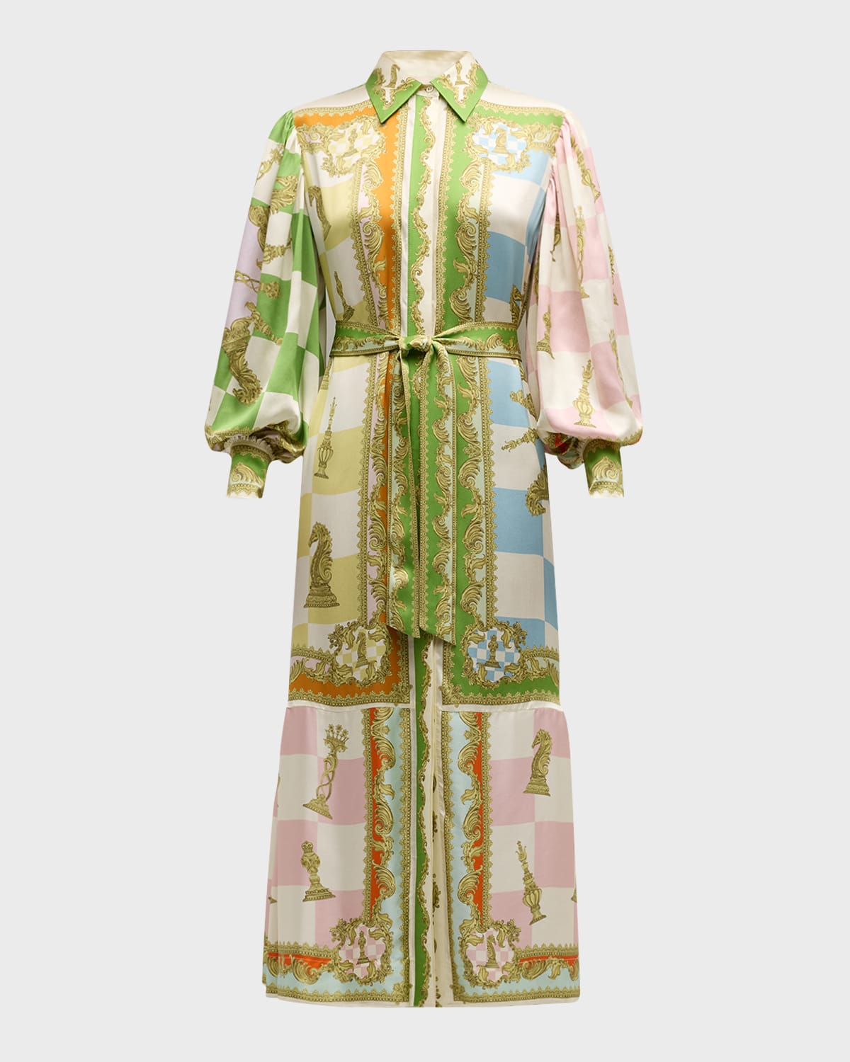 ALEMAIS Checkmate Silk Balloon-Sleeve Midi Shirtdress