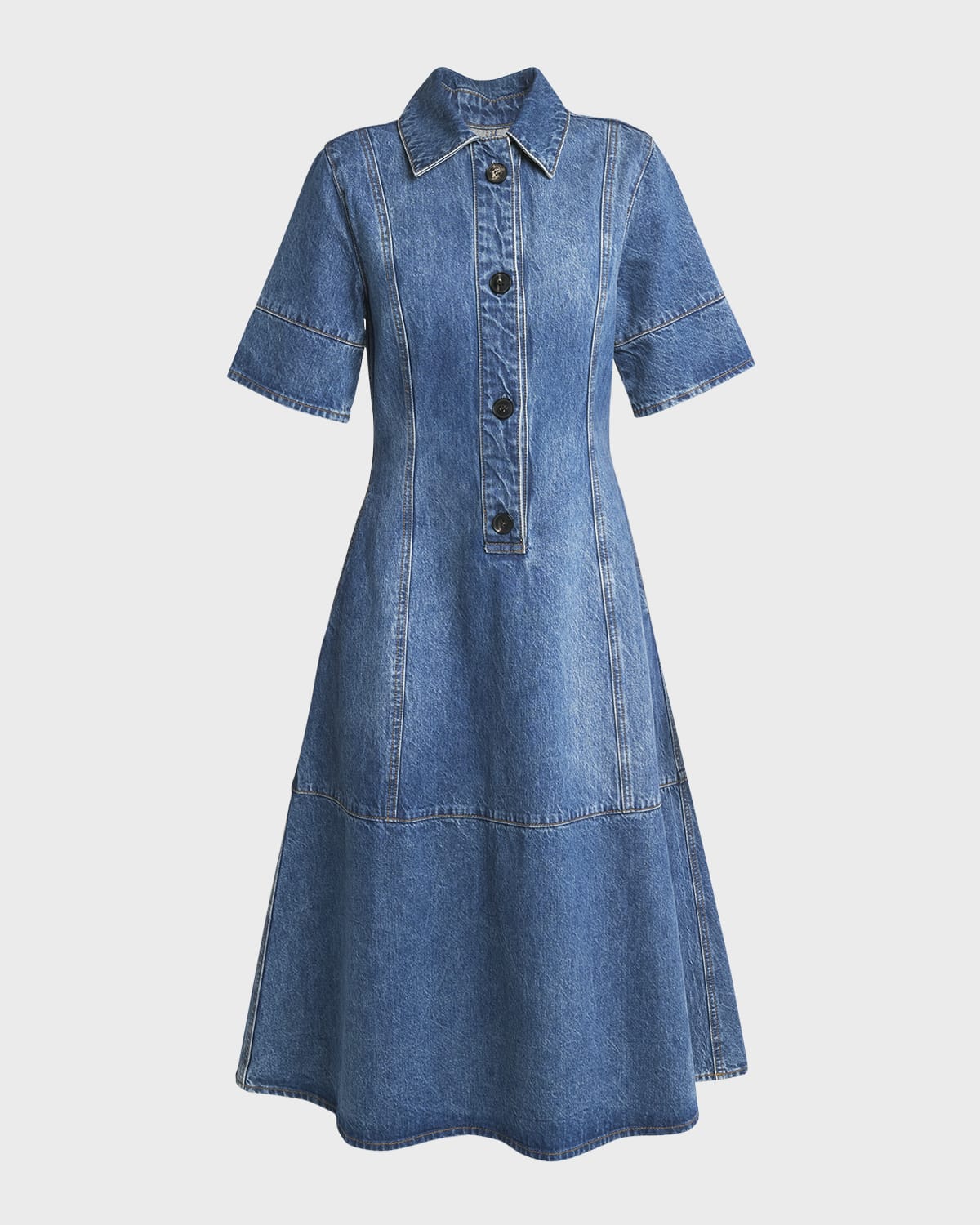 Co Half-Placket Short-Sleeve Denim Mini Shirtdress