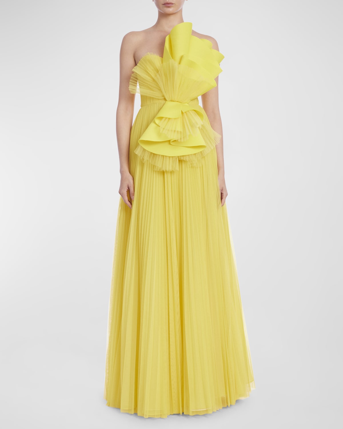 Badgley Mischka Collection Strapless Pleated Ruffle A-Line Gown