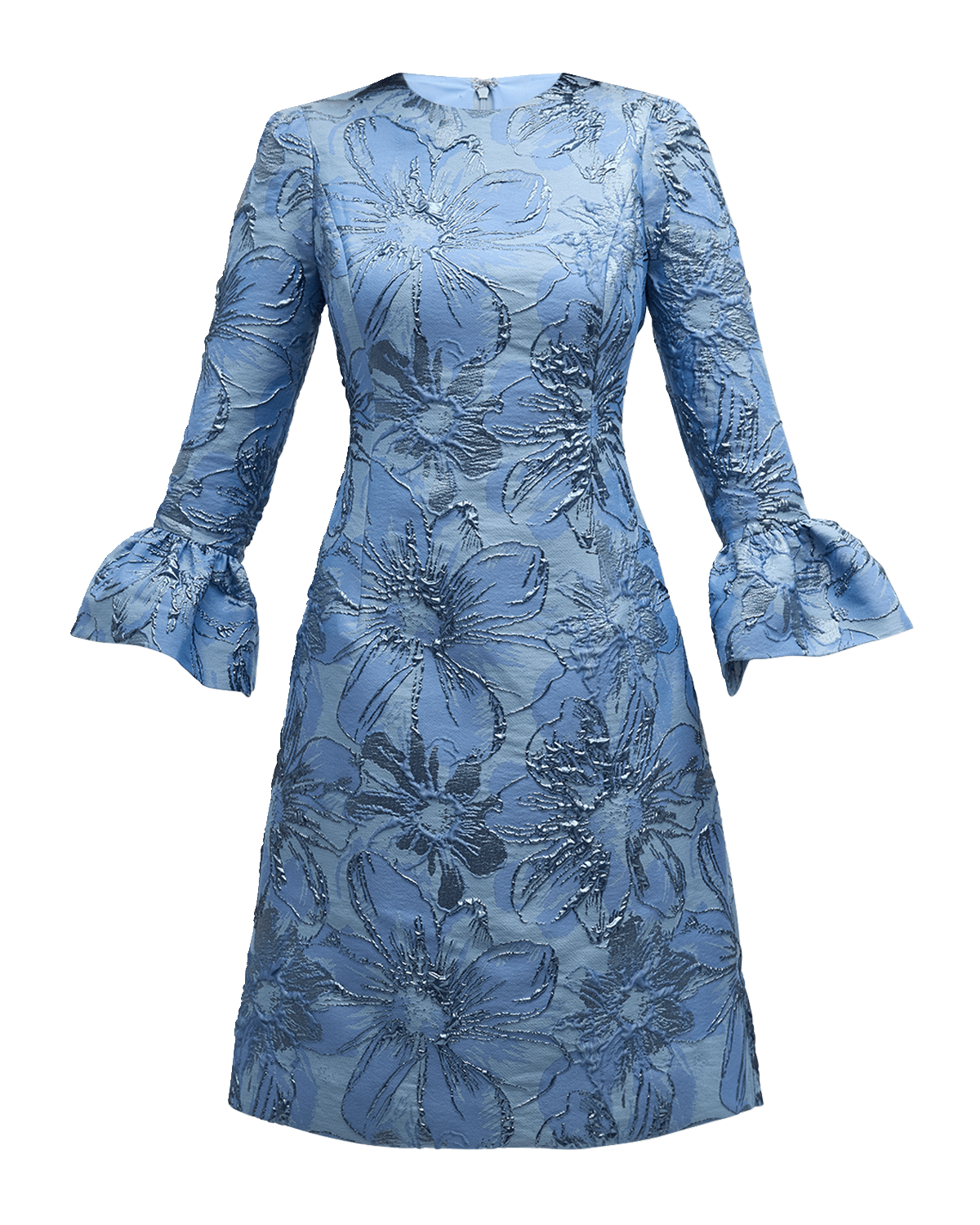 Rickie Freeman for Teri Jon Bell-Sleeve Metallic Floral Jacquard Midi Dress