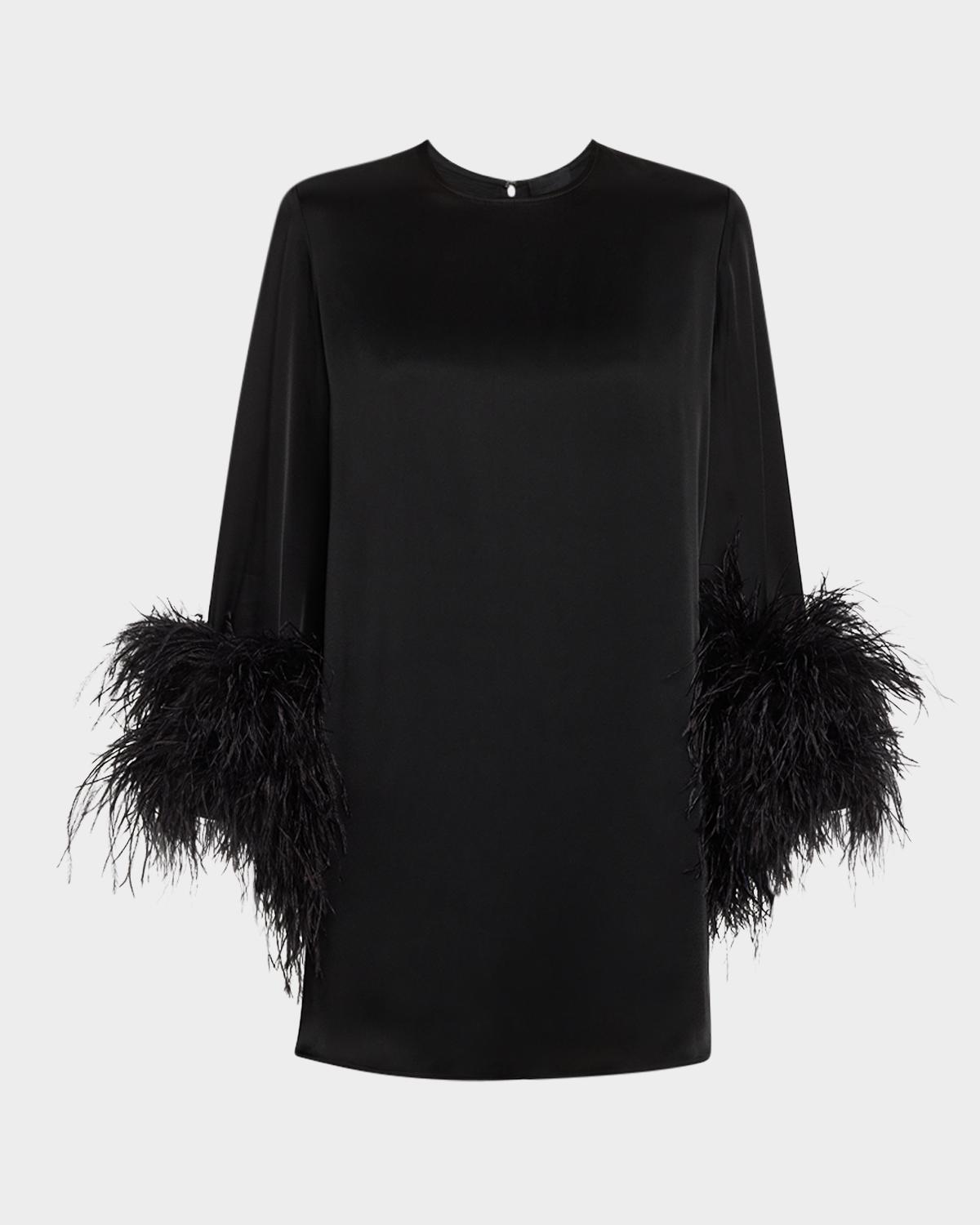 LAPOINTE Double-Face Satin Shift Dress with Ostrich Feathers