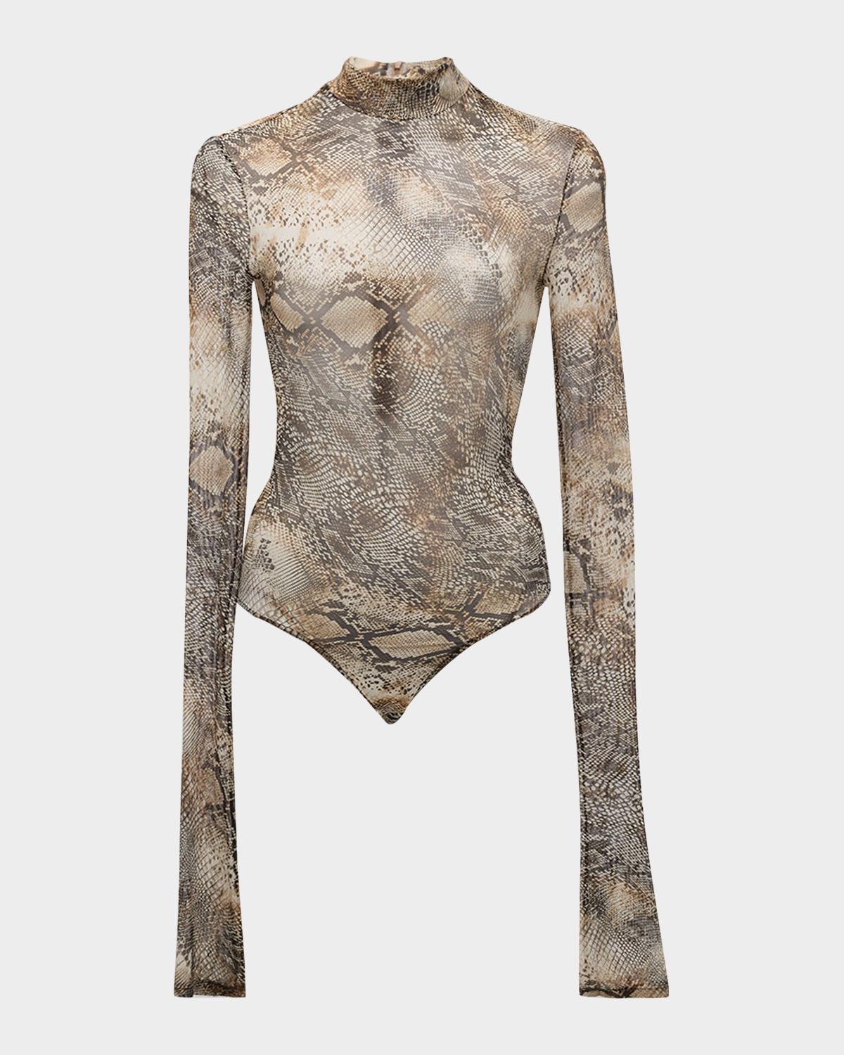 LAPOINTE Snakeskin-Print Mesh Mock-Neck Long-Sleeve Bodysuit