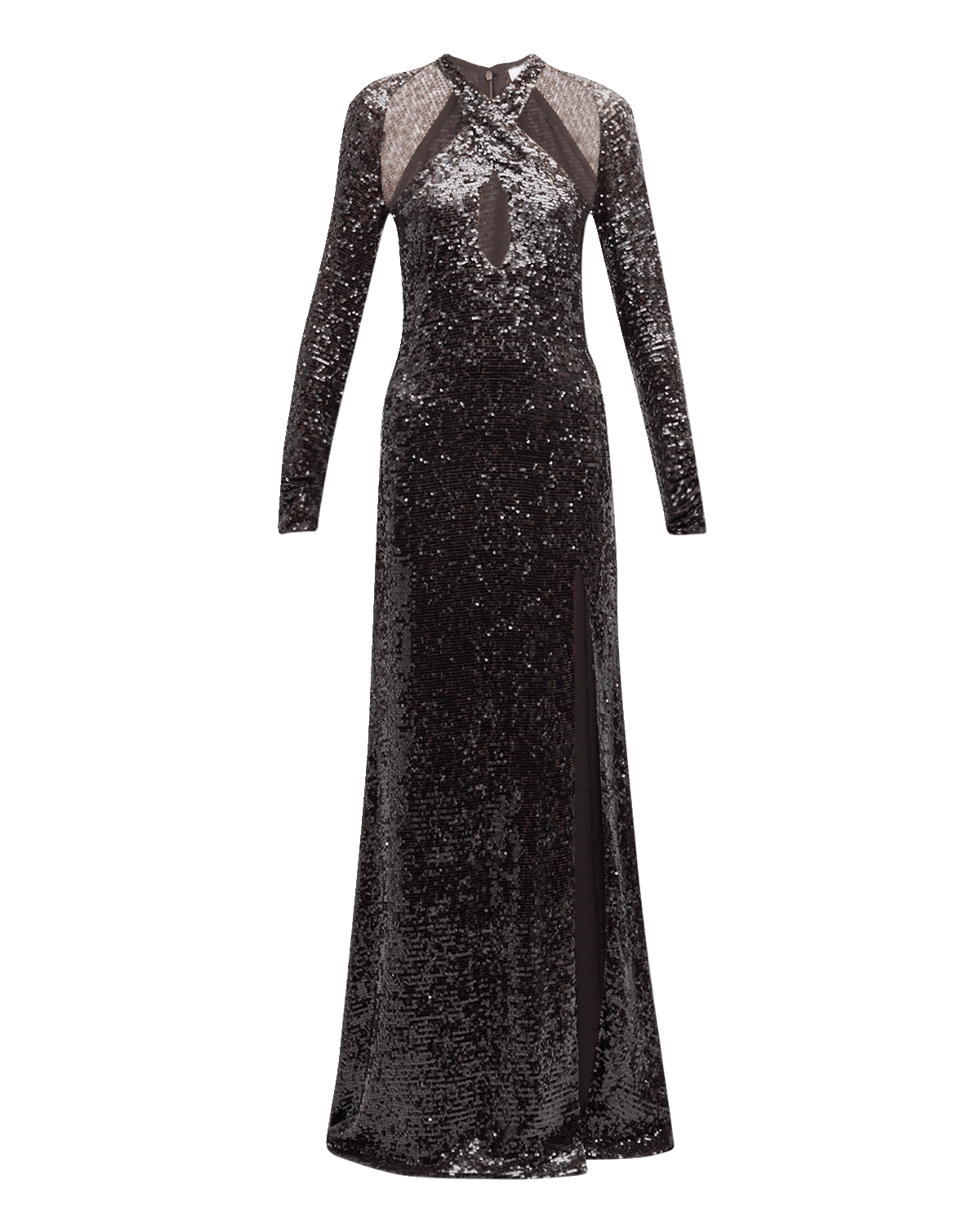 LAPOINTE Sequined Long-Sleeve Keyhole Halter Gown