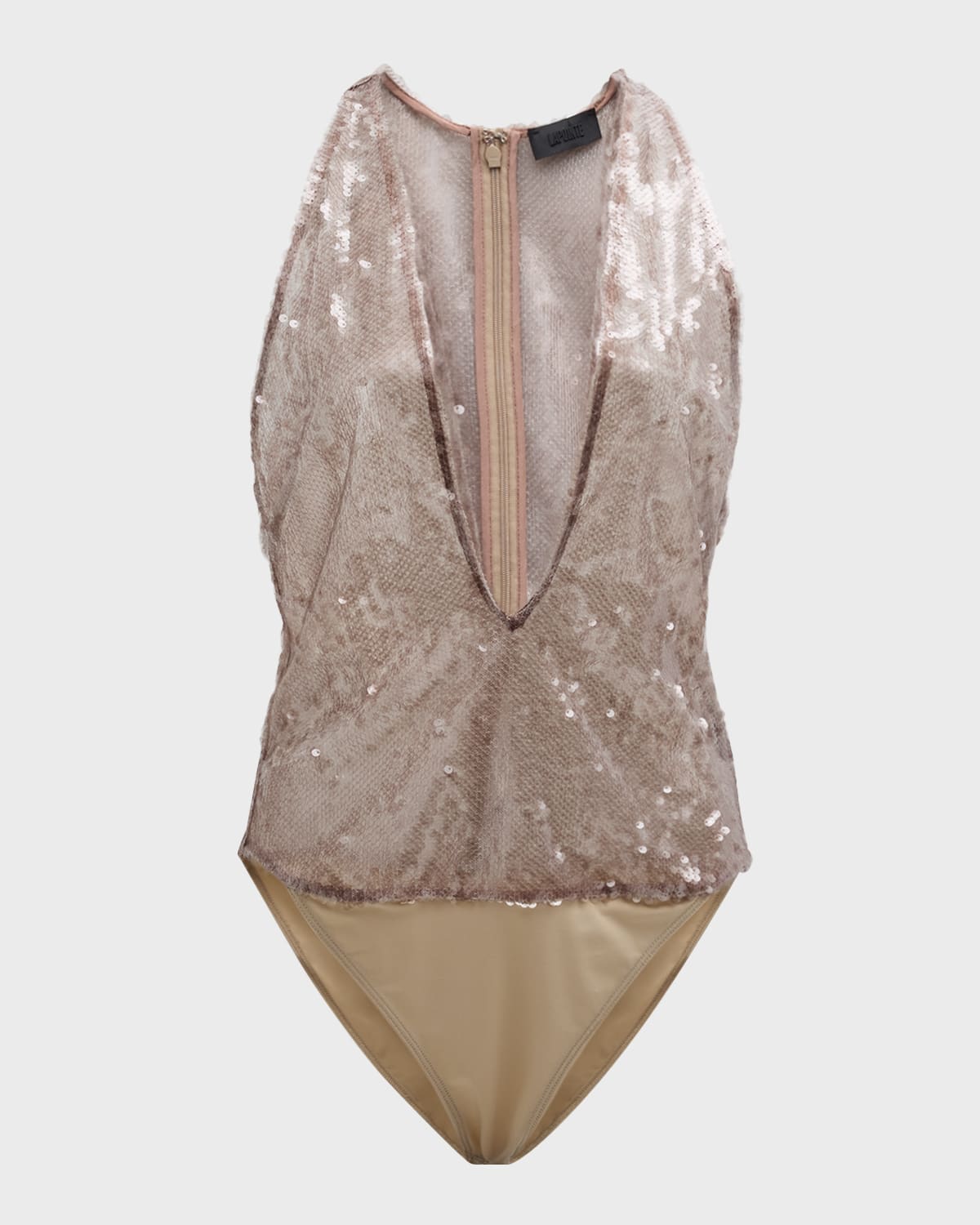LAPOINTE Sheer Sequined Plunge-Neck Bodysuit