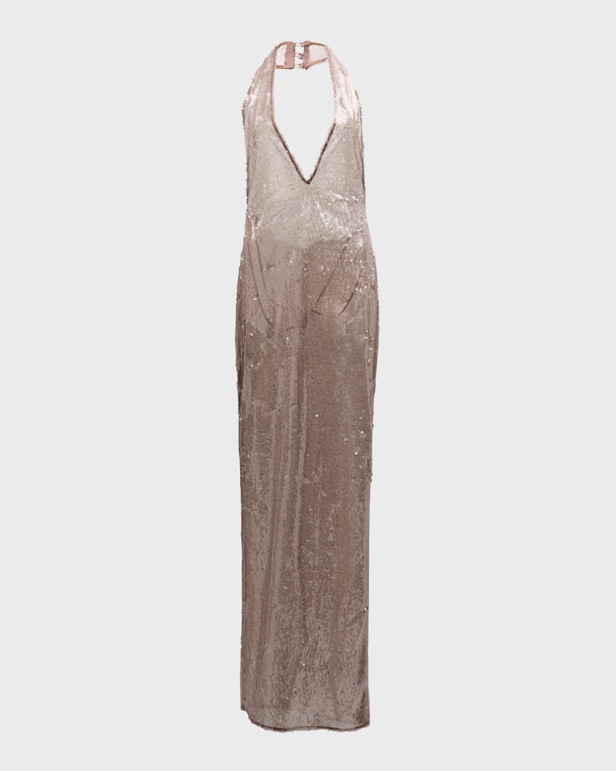 LAPOINTE Long Sheer Sequined Halter Column Dress